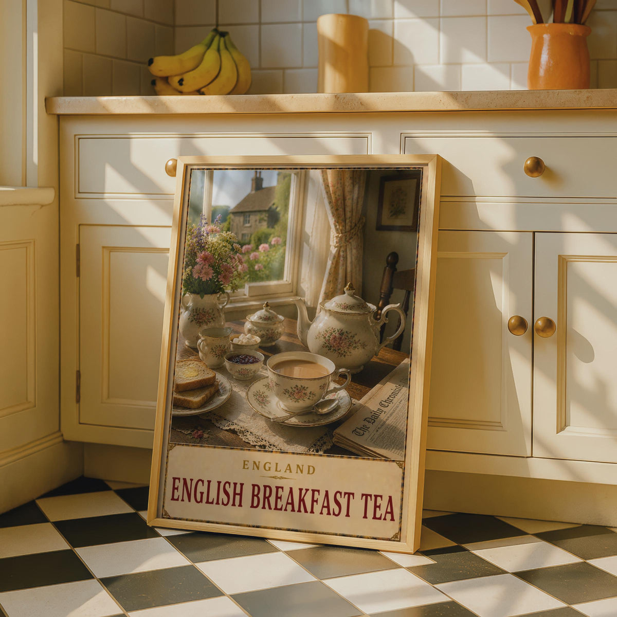 English Breakfast Tea Poster, Vintage Countryside Kitchen Art, Floral China Teapot Print