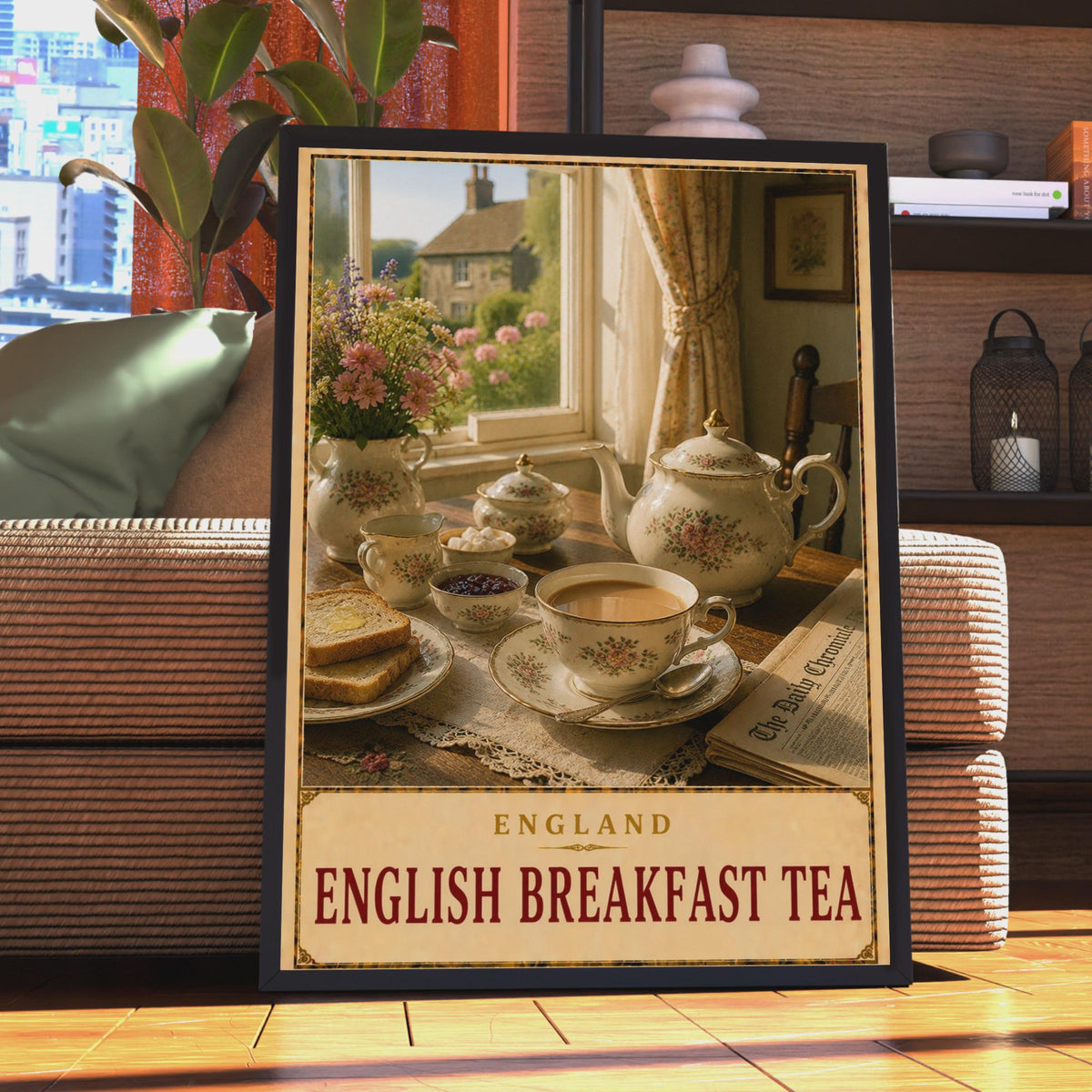 English Breakfast Tea Poster, Vintage Countryside Kitchen Art, Floral China Teapot Print