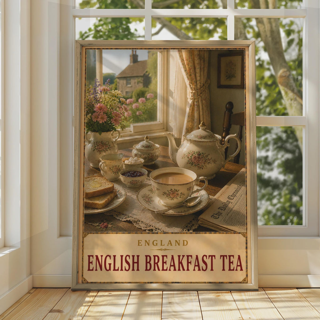 English Breakfast Tea Poster, Vintage Countryside Kitchen Art, Floral China Teapot Print