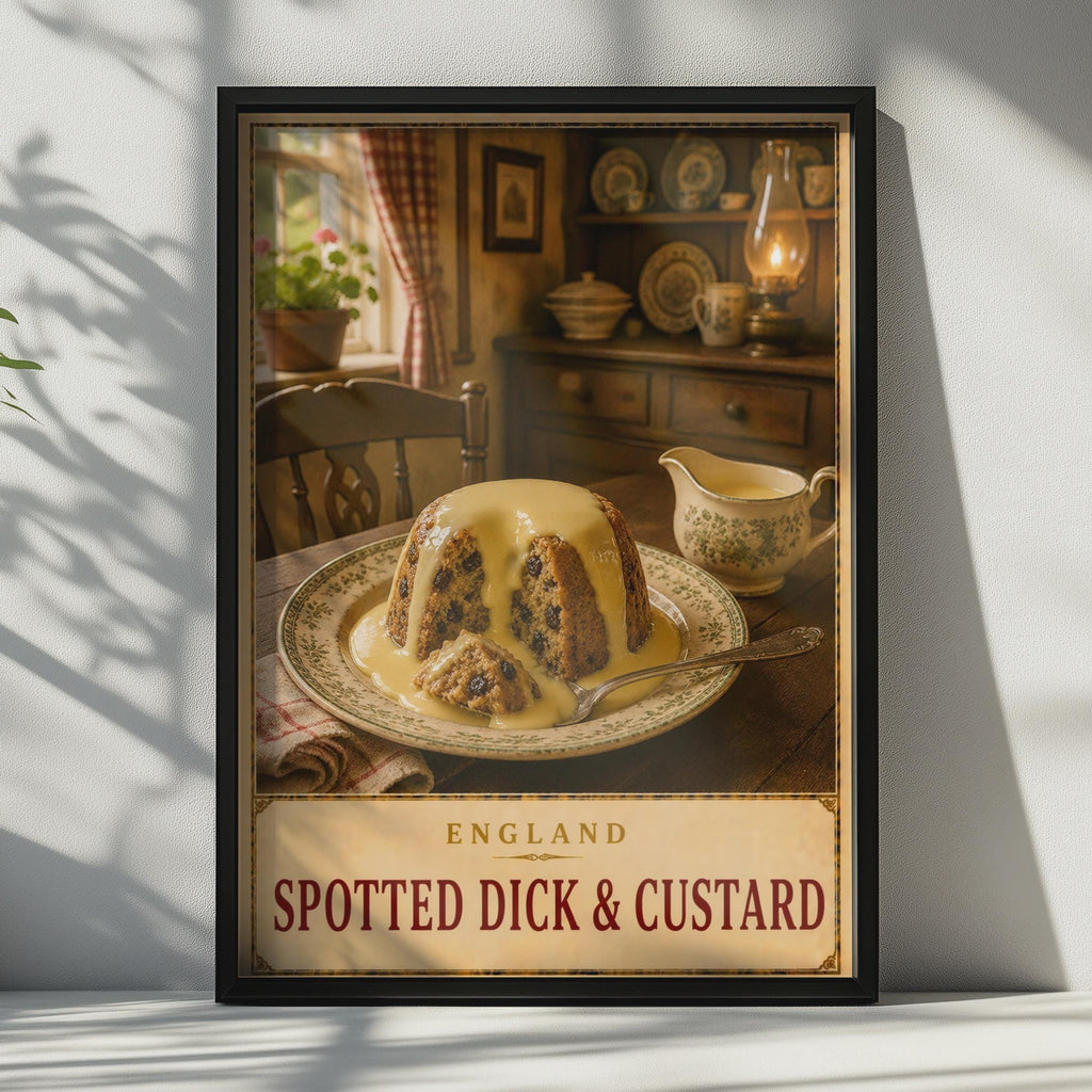 Spotted Dick & Custard Poster, Vintage English Pudding Wall Art (Print)