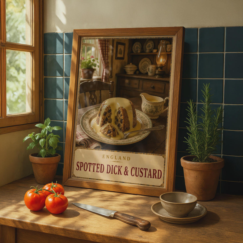 Spotted Dick & Custard Poster, Vintage English Pudding Wall Art (Print)