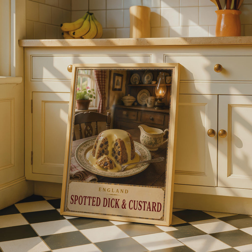 Spotted Dick & Custard Poster, Vintage English Pudding Wall Art (Print)