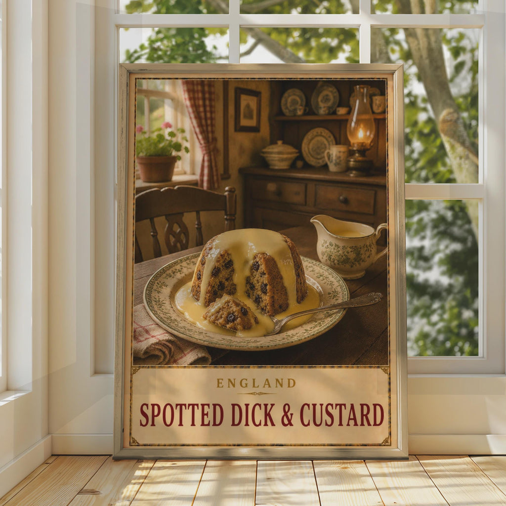 Spotted Dick & Custard Poster, Vintage English Pudding Wall Art (Print)