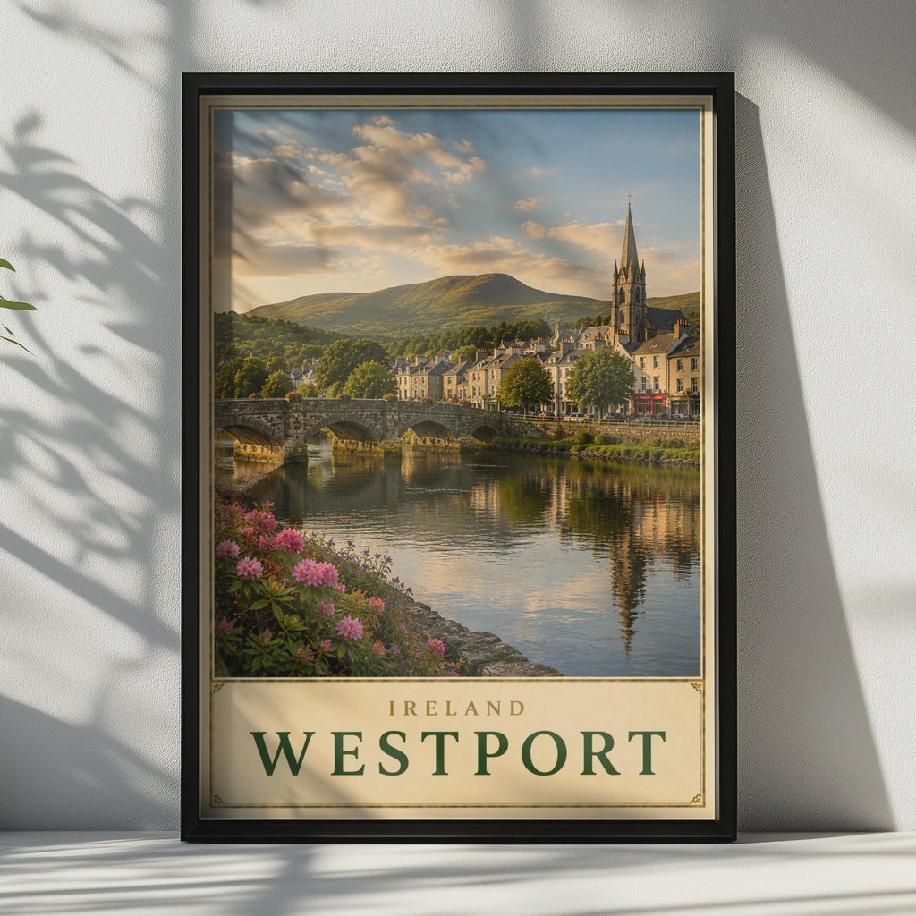 Westport Ireland Travel Poster, County Mayo River Bridge Print, Gothic Church, Green Hills (Wall Art)