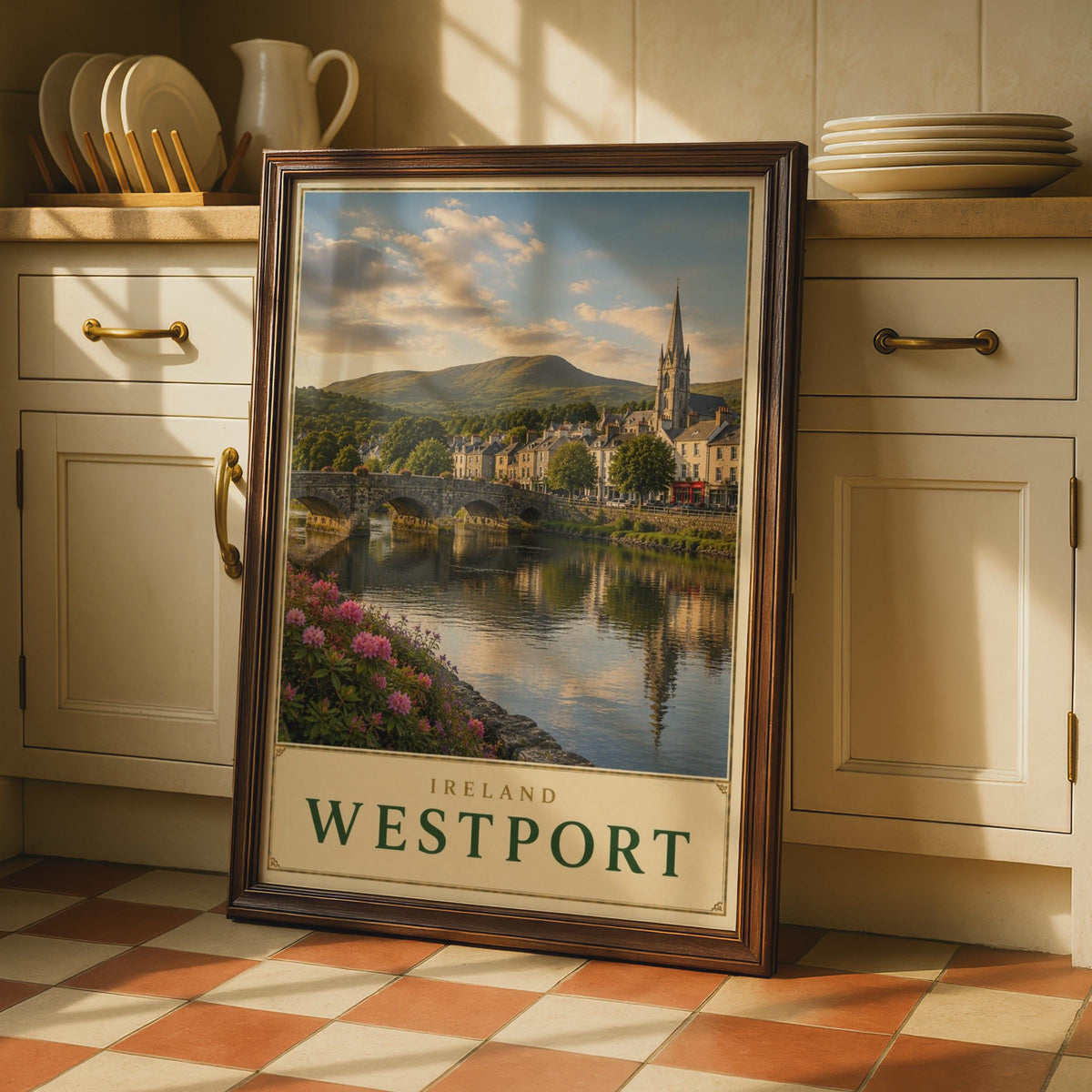 Westport Ireland Travel Poster, County Mayo River Bridge Print, Gothic Church, Green Hills (Wall Art)