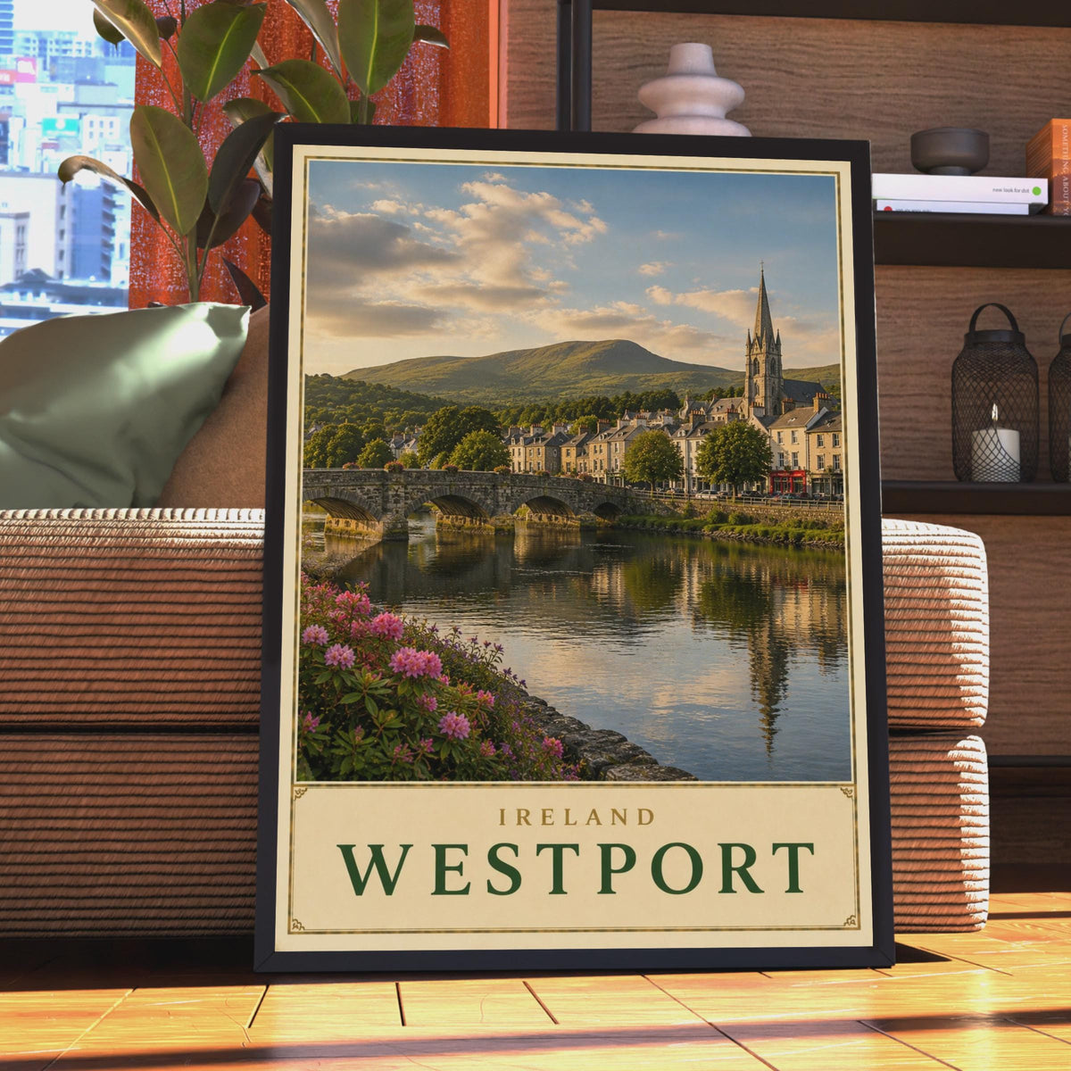 Westport Ireland Travel Poster, County Mayo River Bridge Print, Gothic Church, Green Hills (Wall Art)