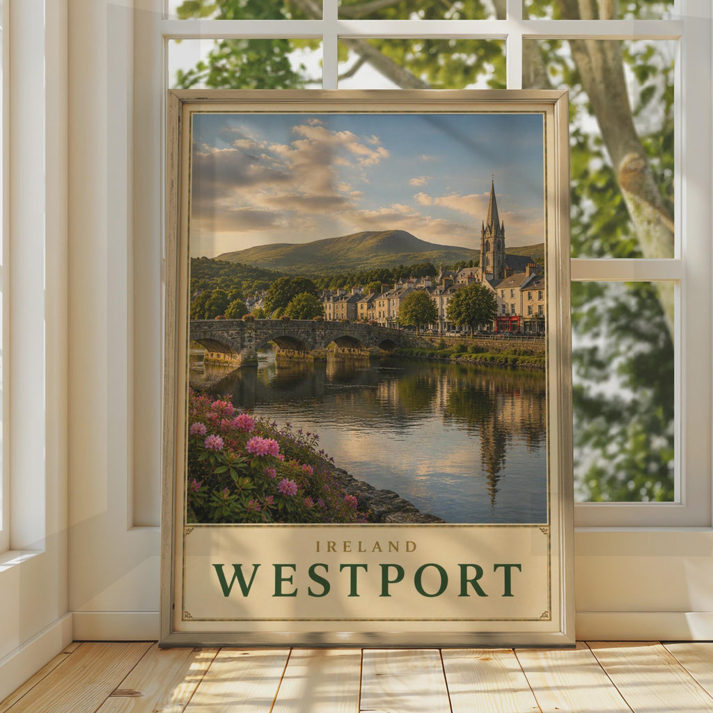 Westport Ireland Travel Poster, County Mayo River Bridge Print, Gothic Church, Green Hills (Wall Art)