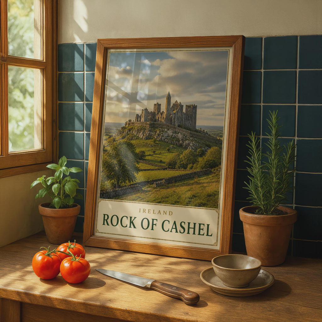 Rock of Cashel Ireland Travel Poster, Medieval Castle Ruins, Tipperary Landscape Art