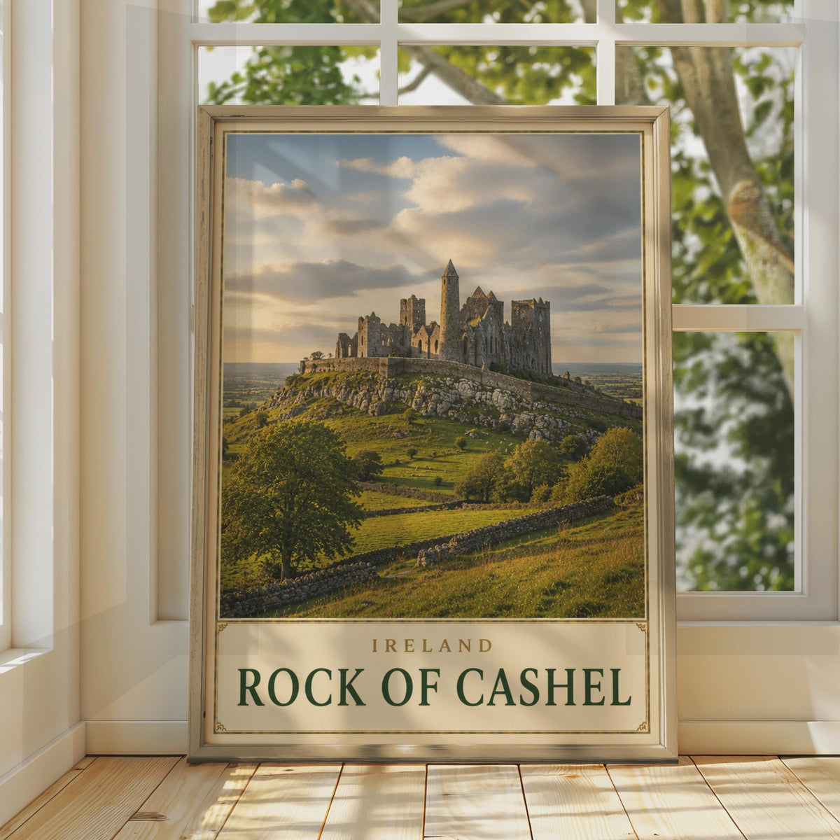 Rock of Cashel Ireland Travel Poster, Medieval Castle Ruins, Tipperary Landscape Art