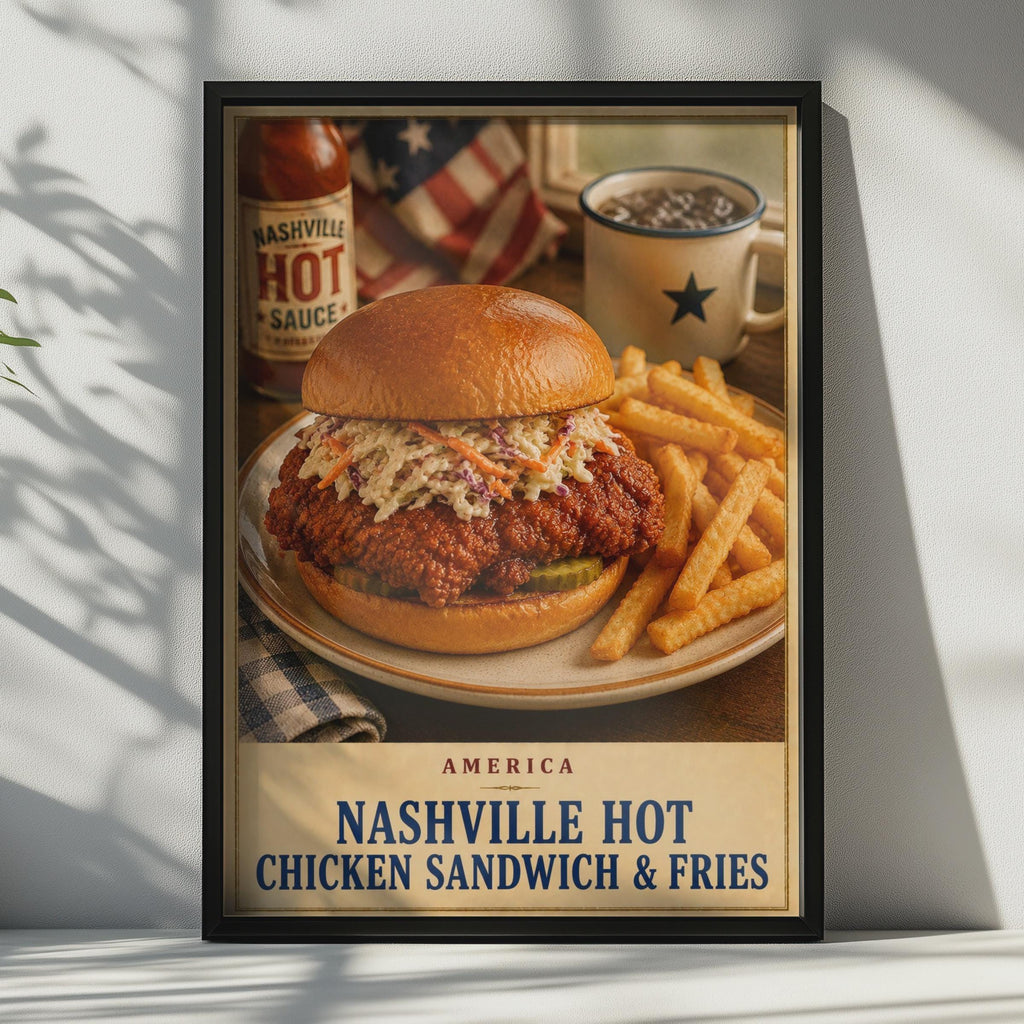 Nashville Hot Chicken Sandwich & Fries Poster, American Diner Wall Art