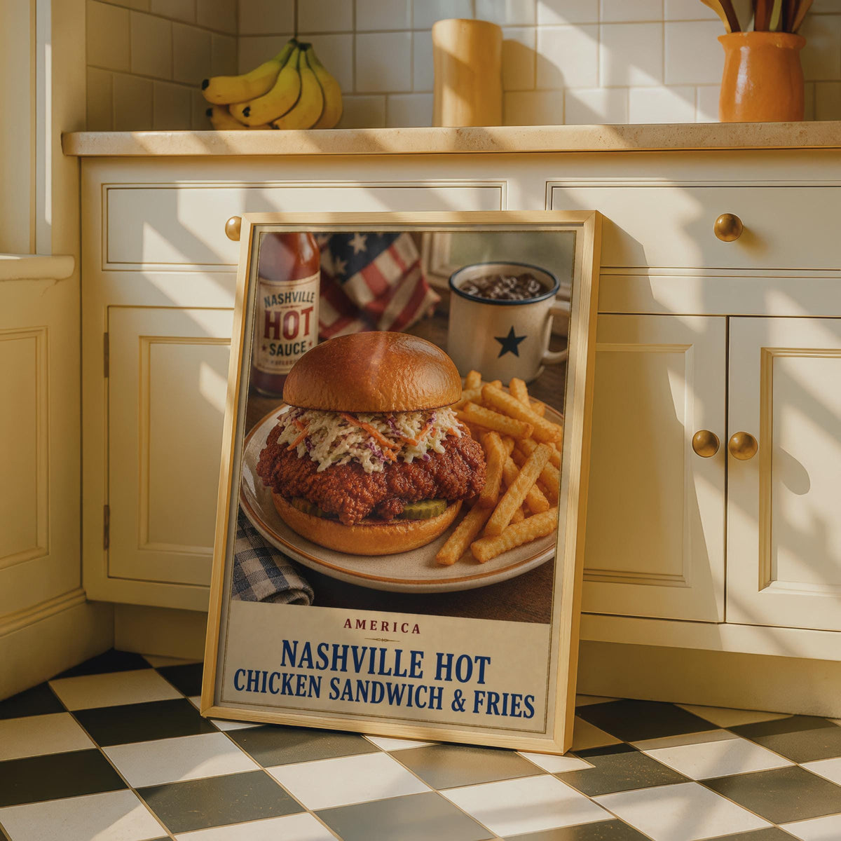 Nashville Hot Chicken Sandwich & Fries Poster, American Diner Wall Art