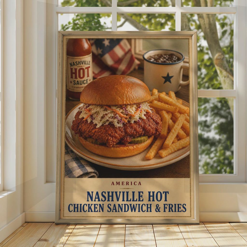 Nashville Hot Chicken Sandwich & Fries Poster, American Diner Wall Art