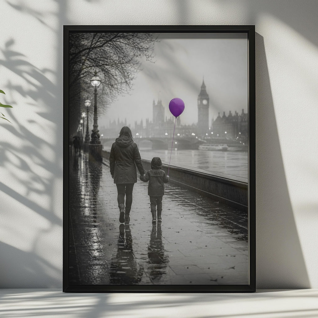 London Rainy Day Poster, Mother Child Big Ben, Purple Balloon (Print)
