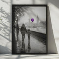 London Rainy Day Poster, Mother Child Big Ben, Purple Balloon (Print)