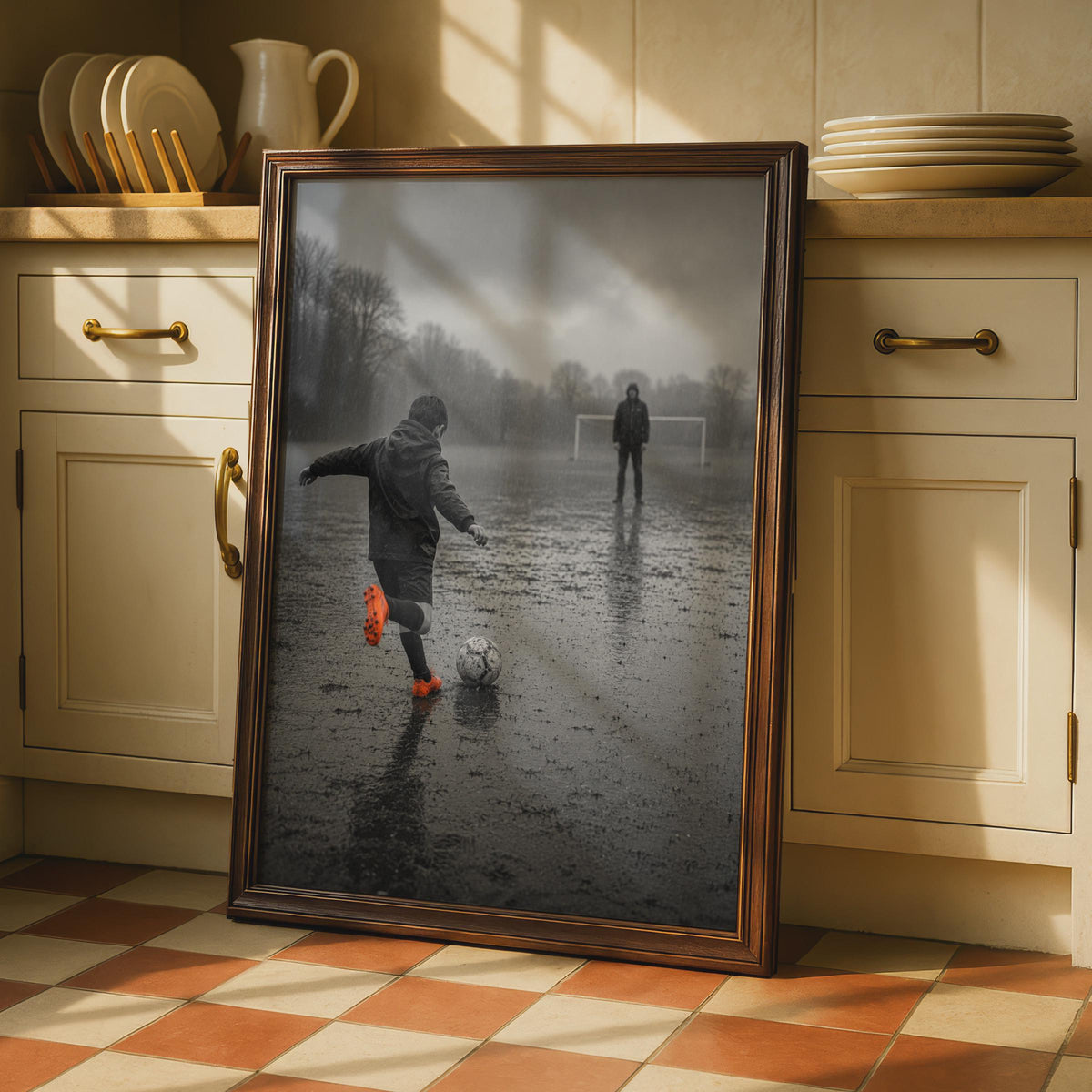 Black and White Football Poster, Rainy Pitch Art, Orange Boots (Print)