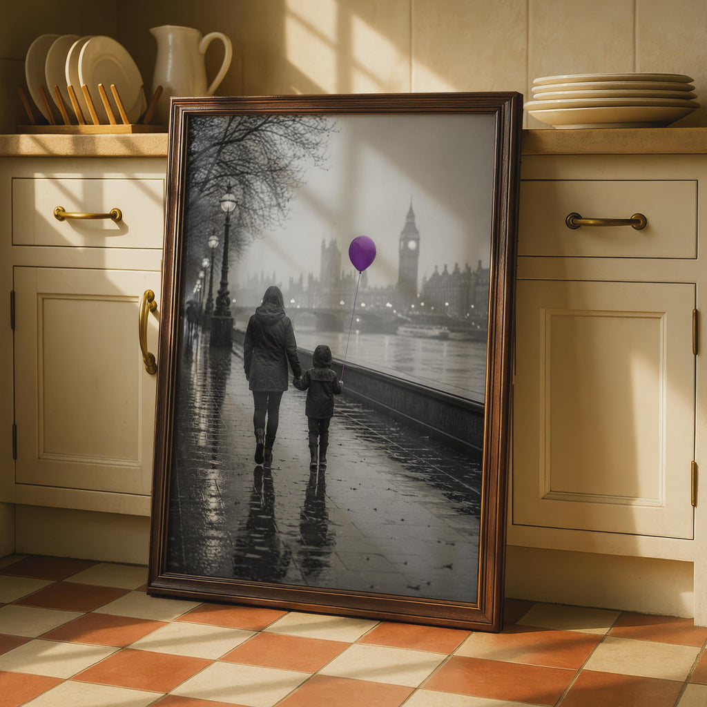 London Rainy Day Poster, Mother Child Big Ben, Purple Balloon (Print)