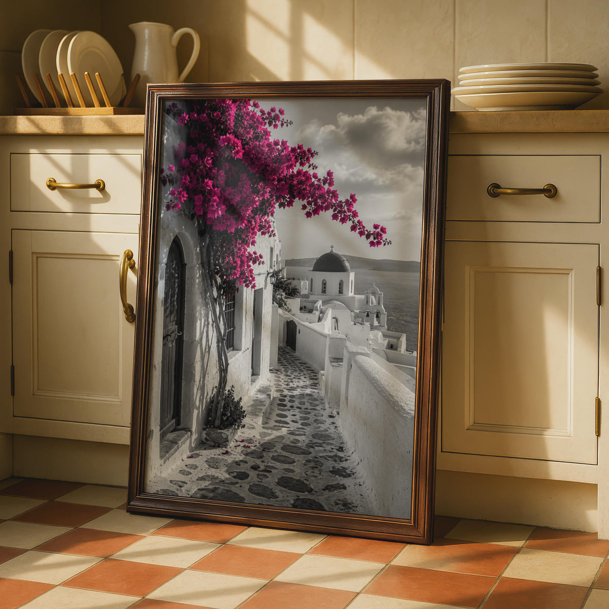 Santorini Greece Poster, Bougainvillea Wall Art, Oia Street, Mediterranean Print