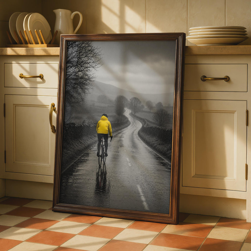 Cyclist in Rain Poster, Yellow Jacket Road Cycling Art, Black White Country Lane (Print)