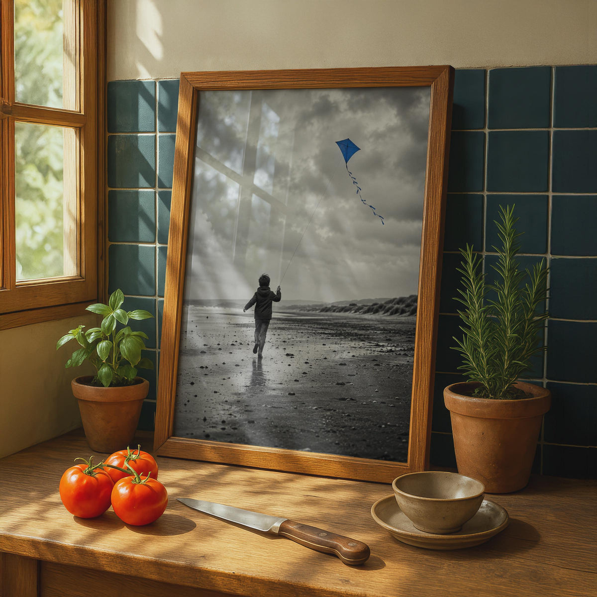 Boy Flying Blue Kite on Beach Poster, Selective Color Coastal Art (Print)