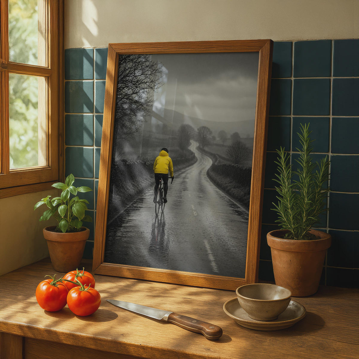 Cyclist in Rain Poster, Yellow Jacket Road Cycling Art, Black White Country Lane (Print)