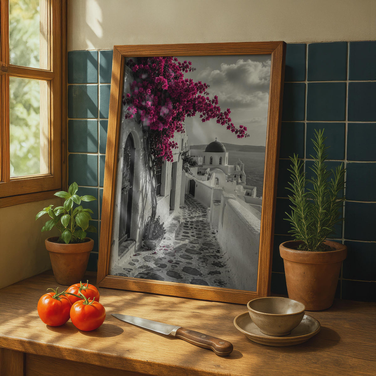 Santorini Greece Poster, Bougainvillea Wall Art, Oia Street, Mediterranean Print