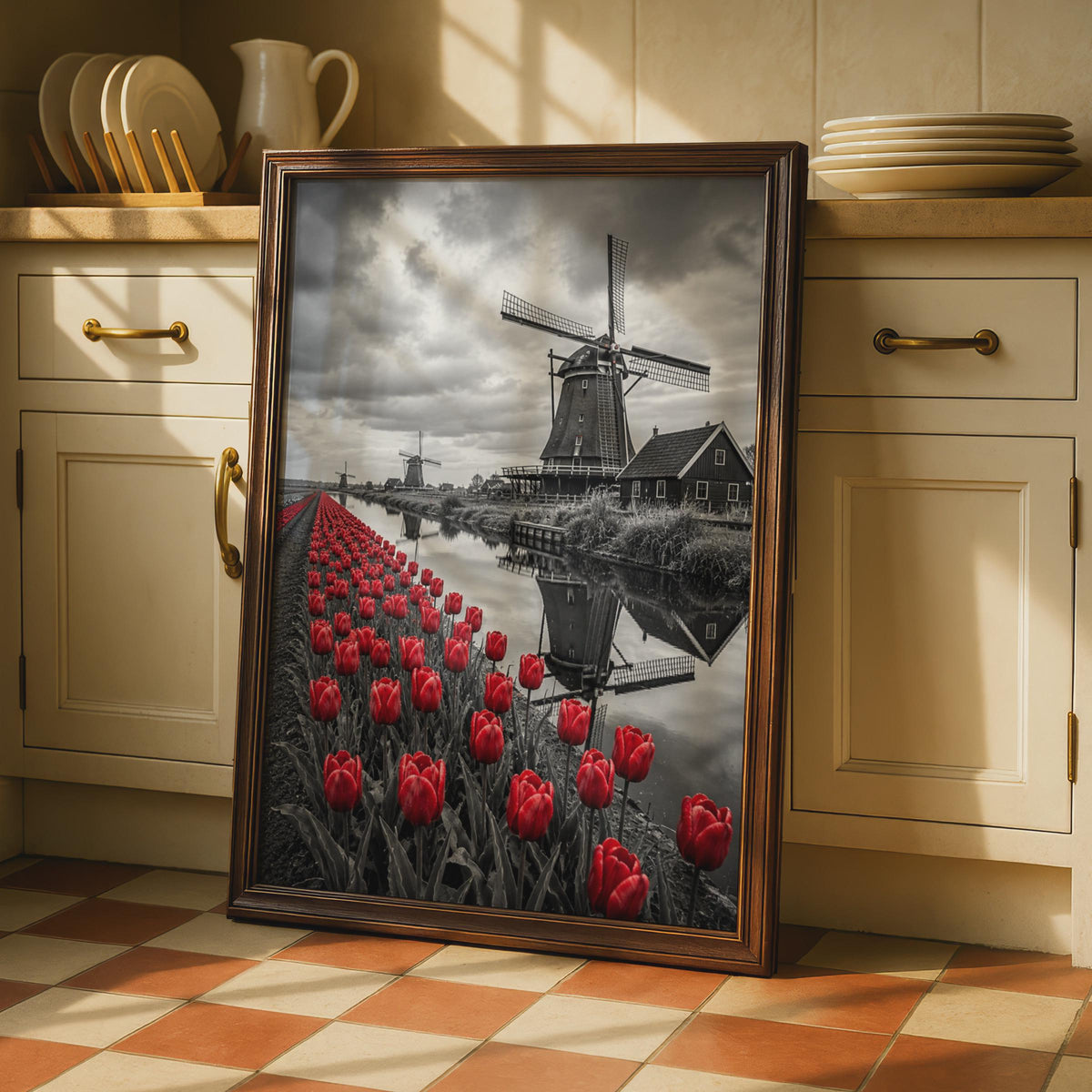 Dutch Windmill Red Tulips Poster, Black and White Photography, Holland Canal Wall Art