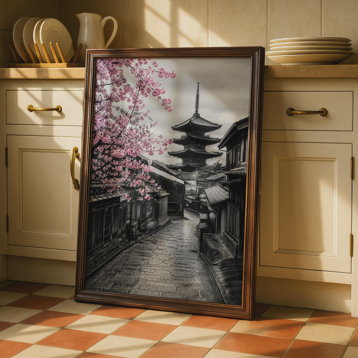Kyoto Pagoda Cherry Blossom Poster, Japanese Street Art, Sakura Gion Decor
