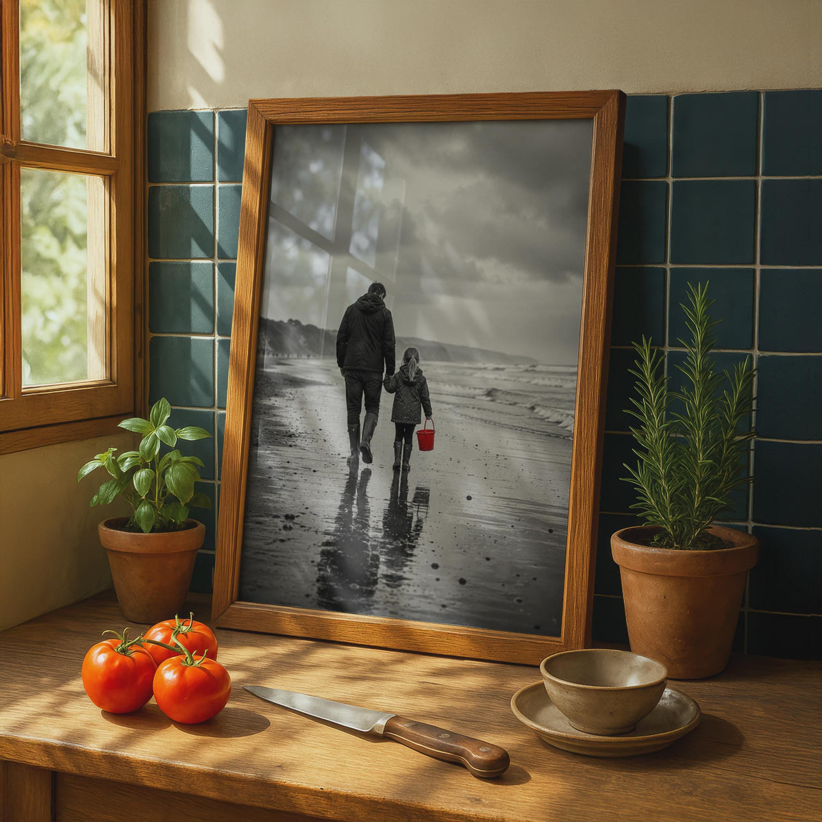 Father Daughter Beach Walk Poster, Black White Red Accent, Emotional Family Wall Art (Print)