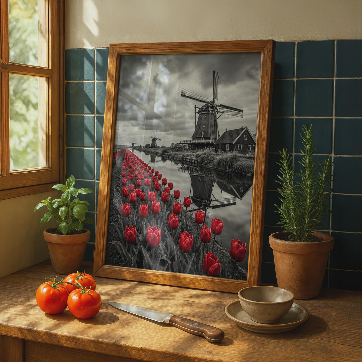 Dutch Windmill Red Tulips Poster, Black and White Photography, Holland Canal Wall Art
