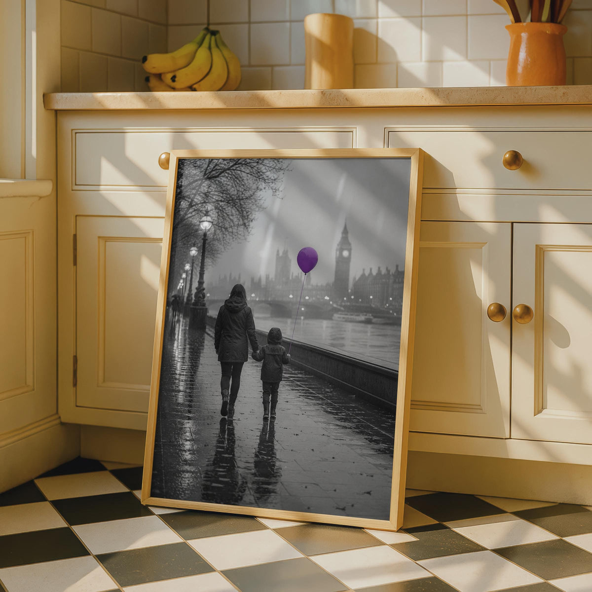 London Rainy Day Poster, Mother Child Big Ben, Purple Balloon (Print)