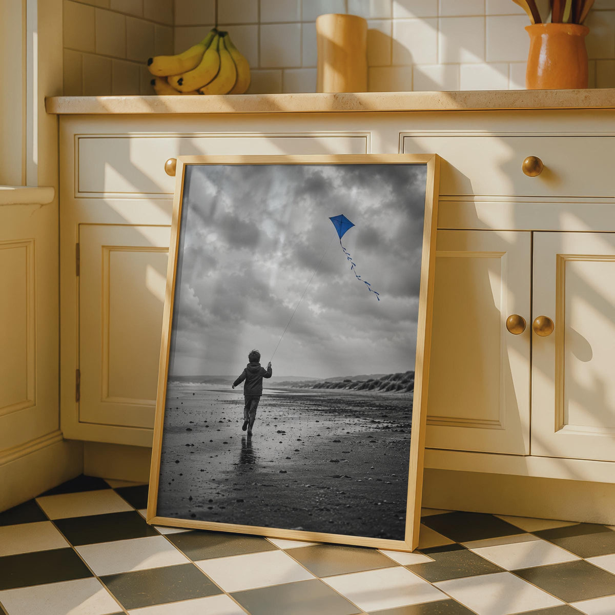 Boy Flying Blue Kite on Beach Poster, Selective Color Coastal Art (Print)