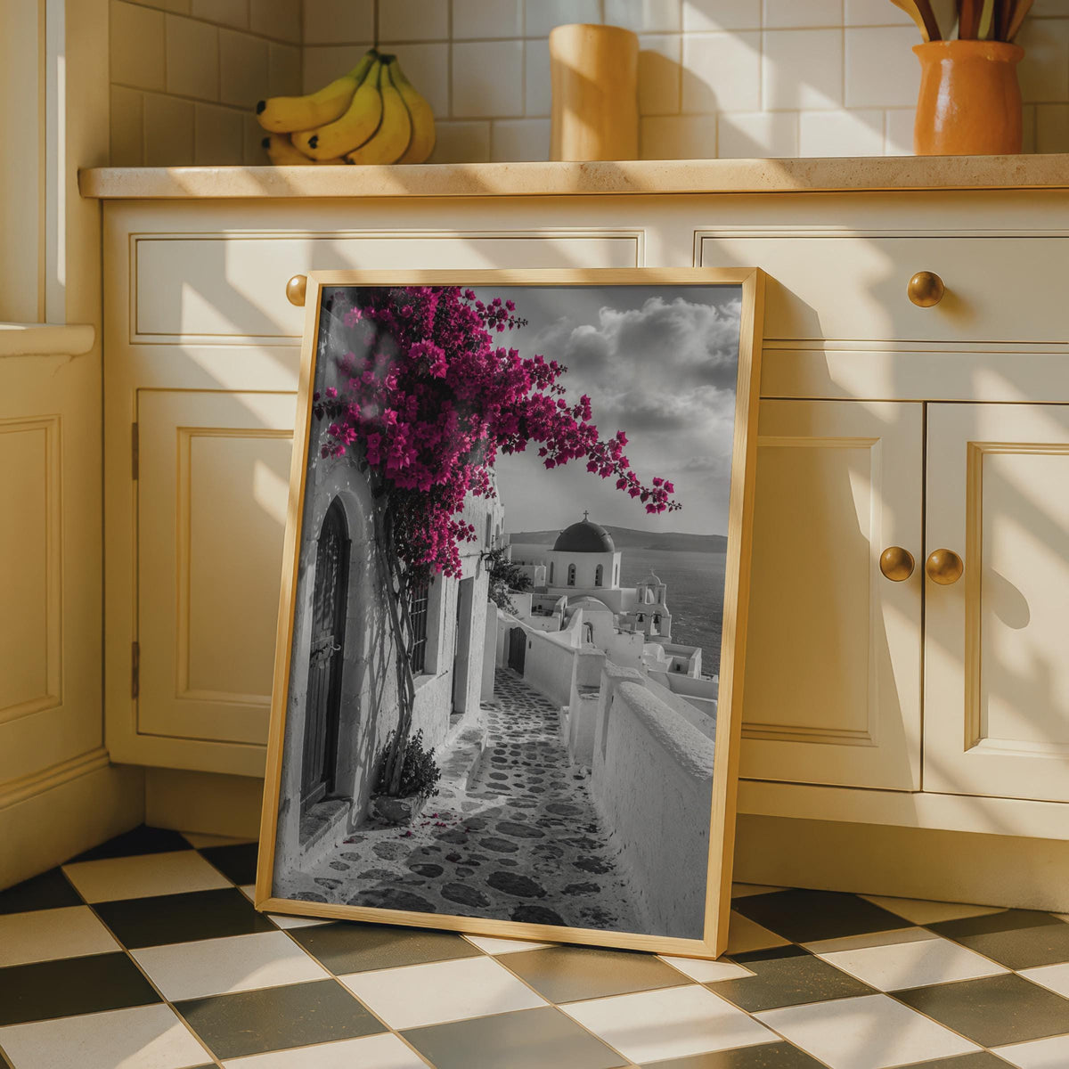 Santorini Greece Poster, Bougainvillea Wall Art, Oia Street, Mediterranean Print