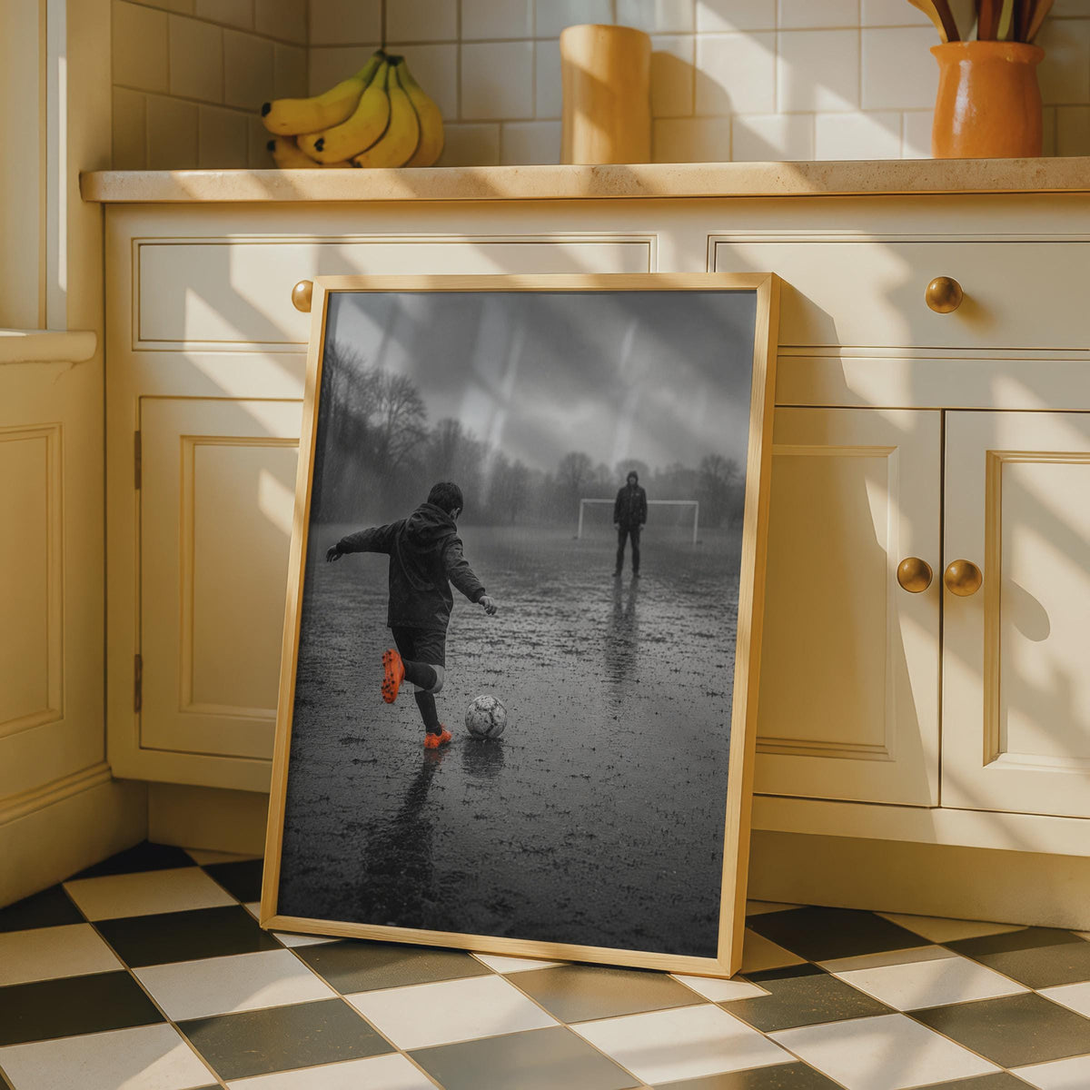 Black and White Football Poster, Rainy Pitch Art, Orange Boots (Print)