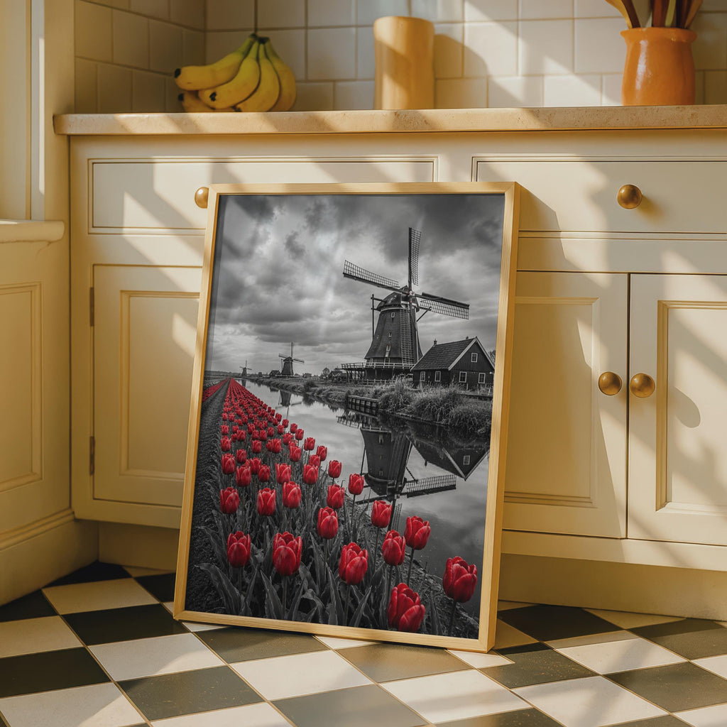 Dutch Windmill Red Tulips Poster, Black and White Photography, Holland Canal Wall Art
