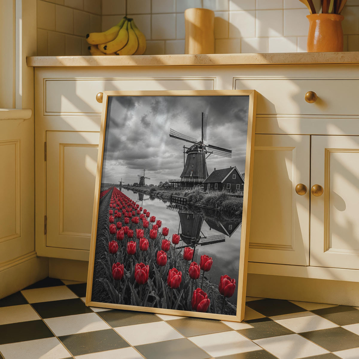 Dutch Windmill Red Tulips Poster, Black and White Photography, Holland Canal Wall Art