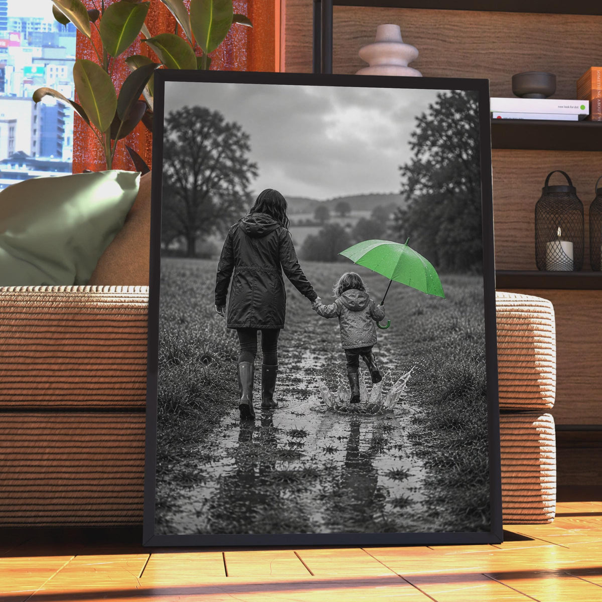 Mother Daughter Rainy Walk Poster, Green Umbrella, Puddle Splashing Art Print