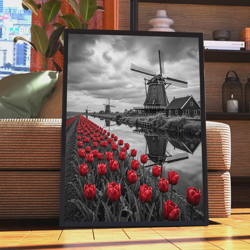 Dutch Windmill Red Tulips Poster, Black and White Photography, Holland Canal Wall Art