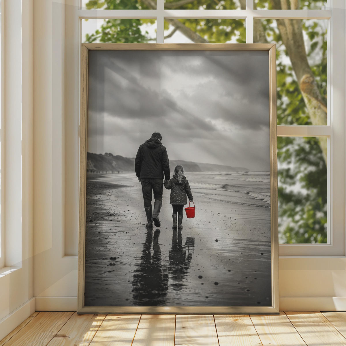 Father Daughter Beach Walk Poster, Black White Red Accent, Emotional Family Wall Art (Print)