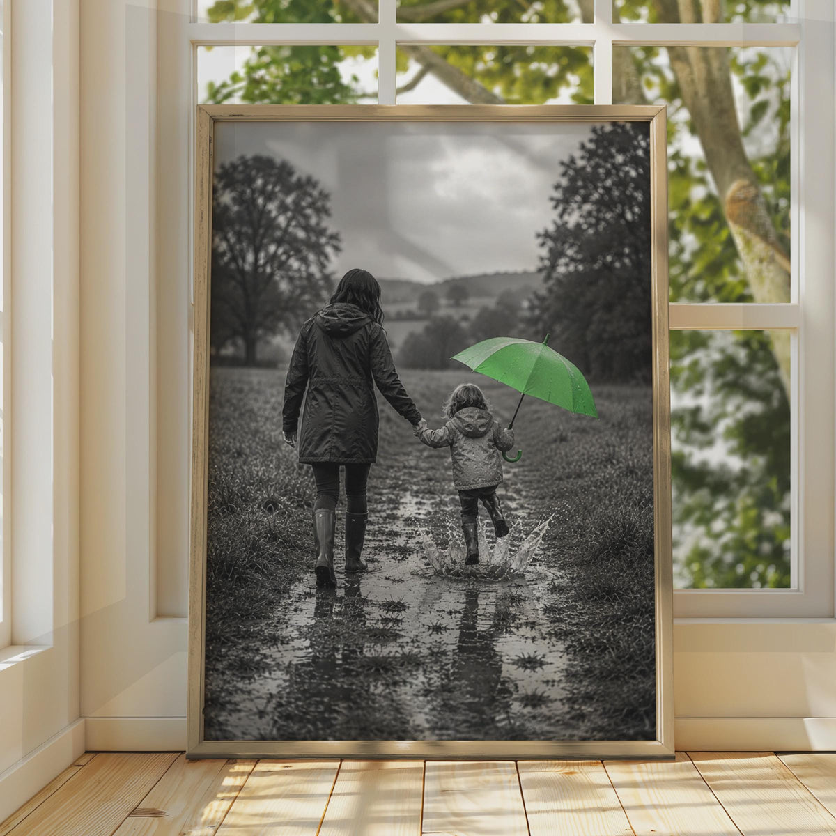 Mother Daughter Rainy Walk Poster, Green Umbrella, Puddle Splashing Art Print