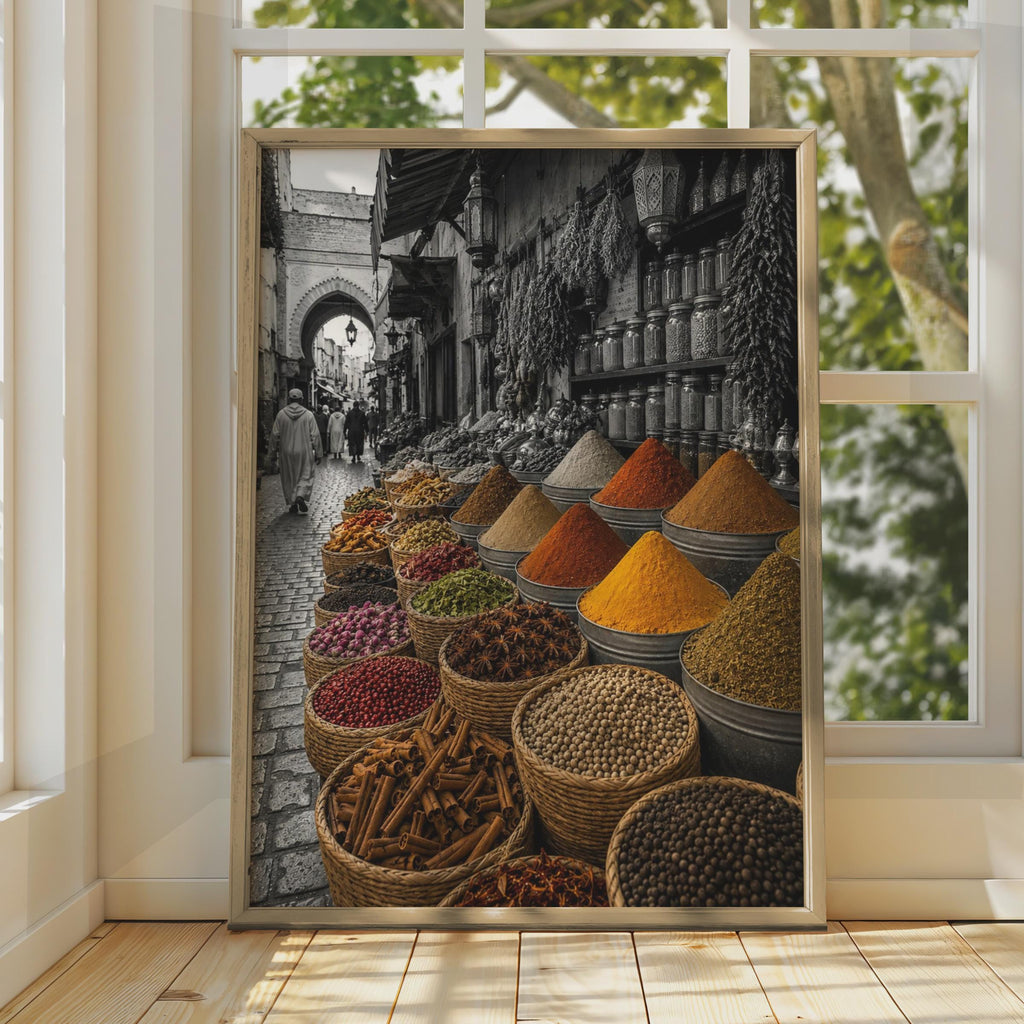 Moroccan Spice Market Poster, Selective Color Souk Photography, Kitchen Wall Art