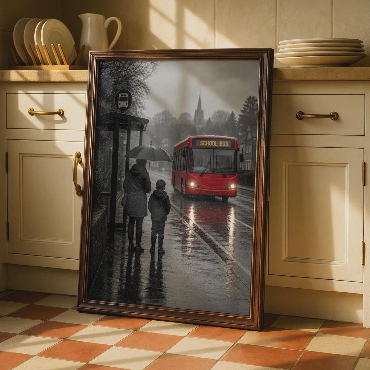Rainy Day School Bus Stop Poster, Mother Child Umbrella, British Street Scene (Print)