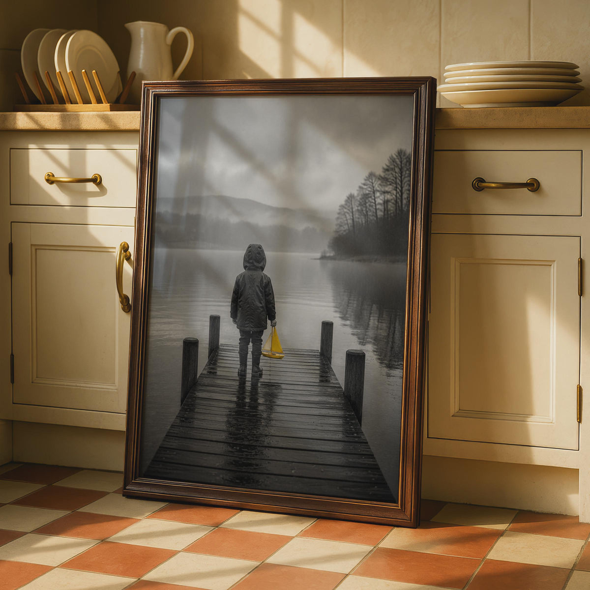 Child on Jetty Yellow Sailboat Poster, Moody Lake Art, Selective Colour Pop (Print)
