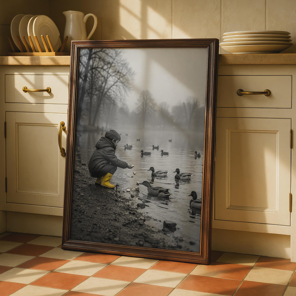 Child Feeding Ducks Poster, Black White Yellow Art, Misty Park Lake Print