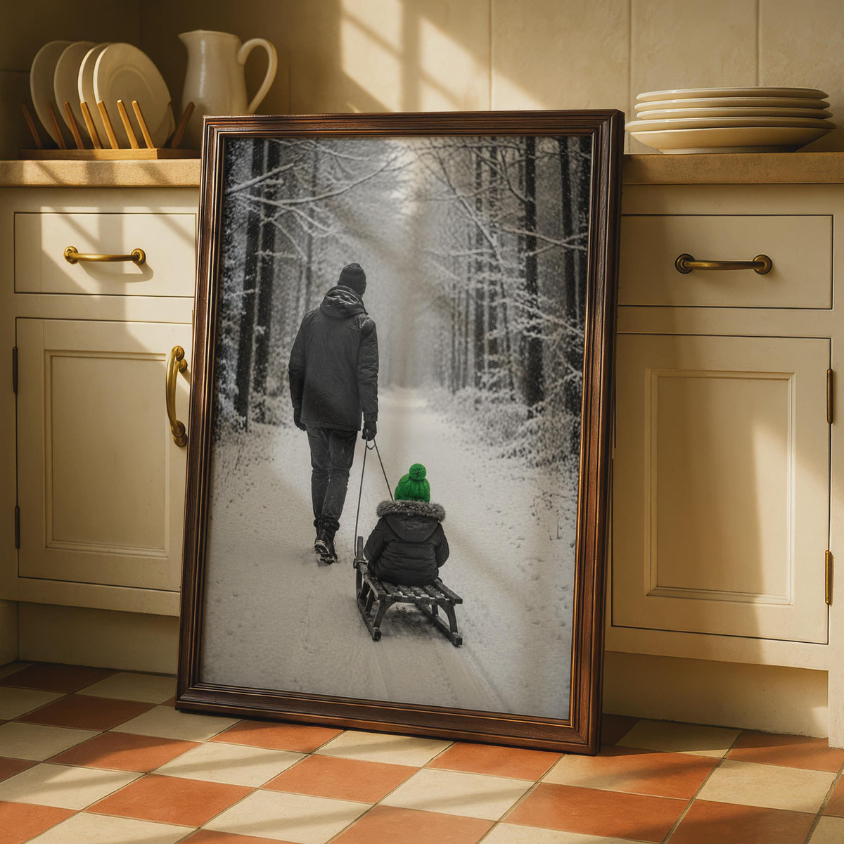 Father and Child Sledging Winter Forest Poster