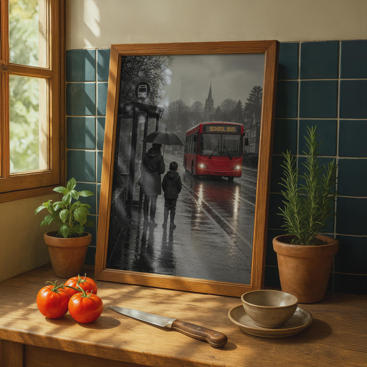 Rainy Day School Bus Stop Poster, Mother Child Umbrella, British Street Scene (Print)