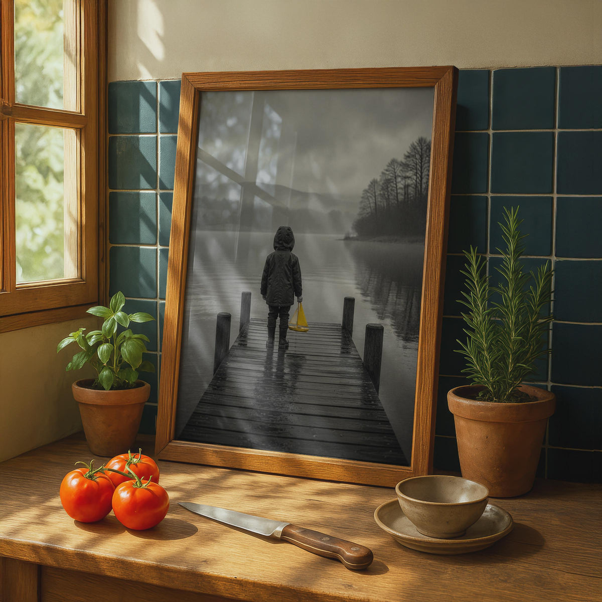 Child on Jetty Yellow Sailboat Poster, Moody Lake Art, Selective Colour Pop (Print)