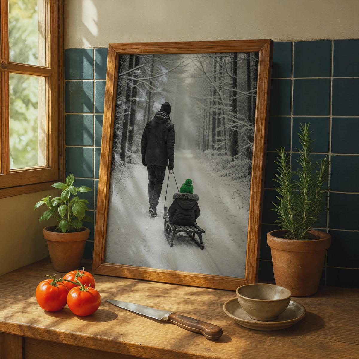 Father and Child Sledging Winter Forest Poster