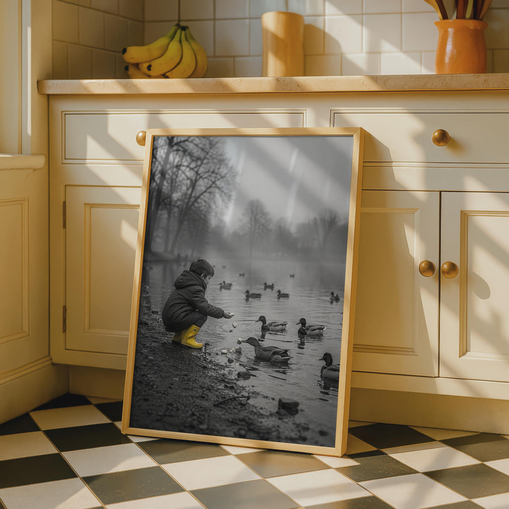 Child Feeding Ducks Poster, Black White Yellow Art, Misty Park Lake Print