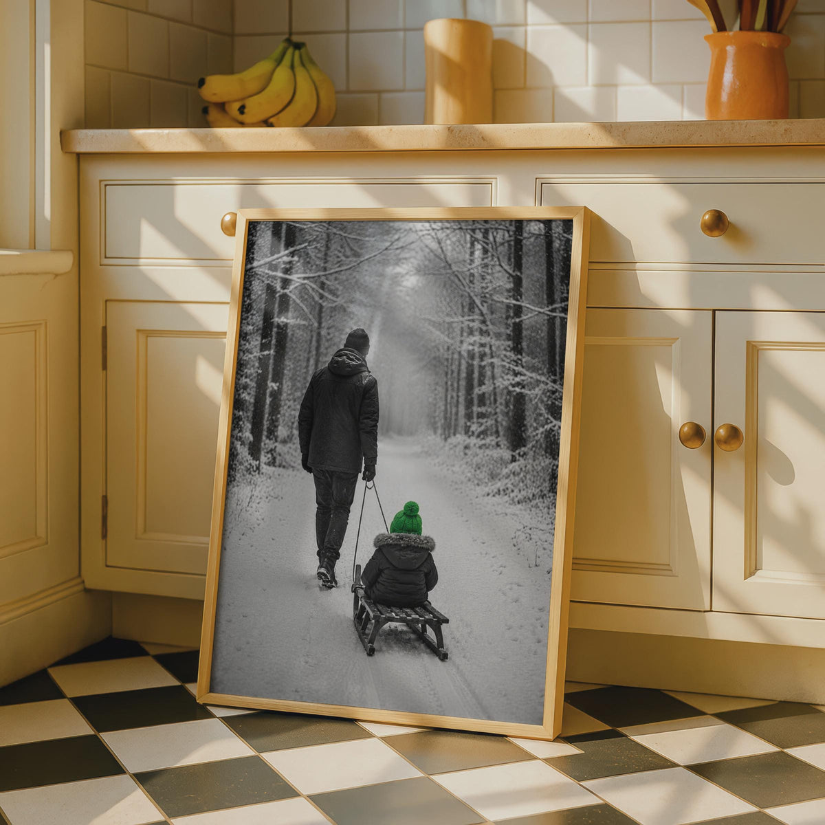 Father and Child Sledging Winter Forest Poster