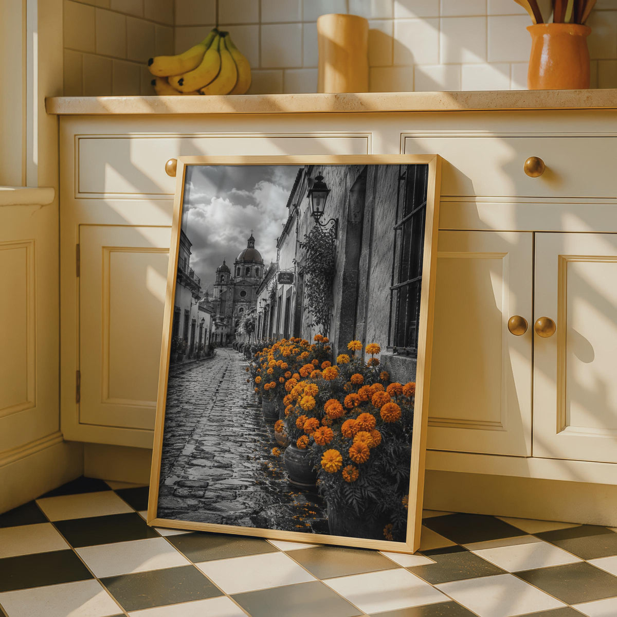 Mexican Street Marigold Poster, Black White Cobblestone Alley, Colonial Cathedral Wall Art (Print)